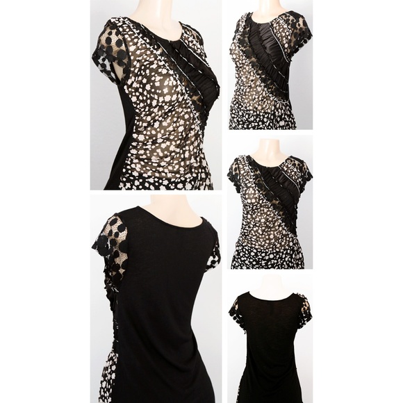 Black Taupe Mix Media Lace Asymmetric Tunic Top - Picture 3 of 8